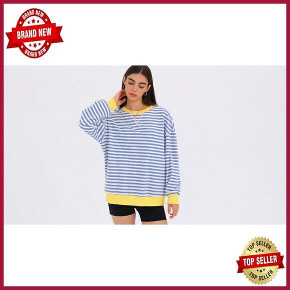 Oversized Striped Sweatshirt Crewneck Pullover Long Sleeve Loose Fit - Picture 8 of 8